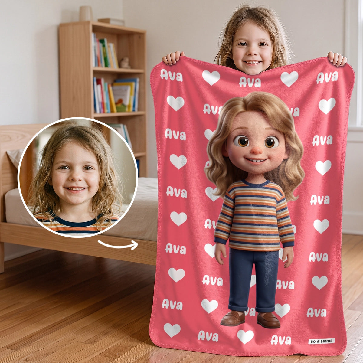 Personalized Blanket "Cartoon Character" as a gift for kids: girl holding up a pink fleece blanket with her cartoon character made from a photo and the name Ava, Bo & Birdie