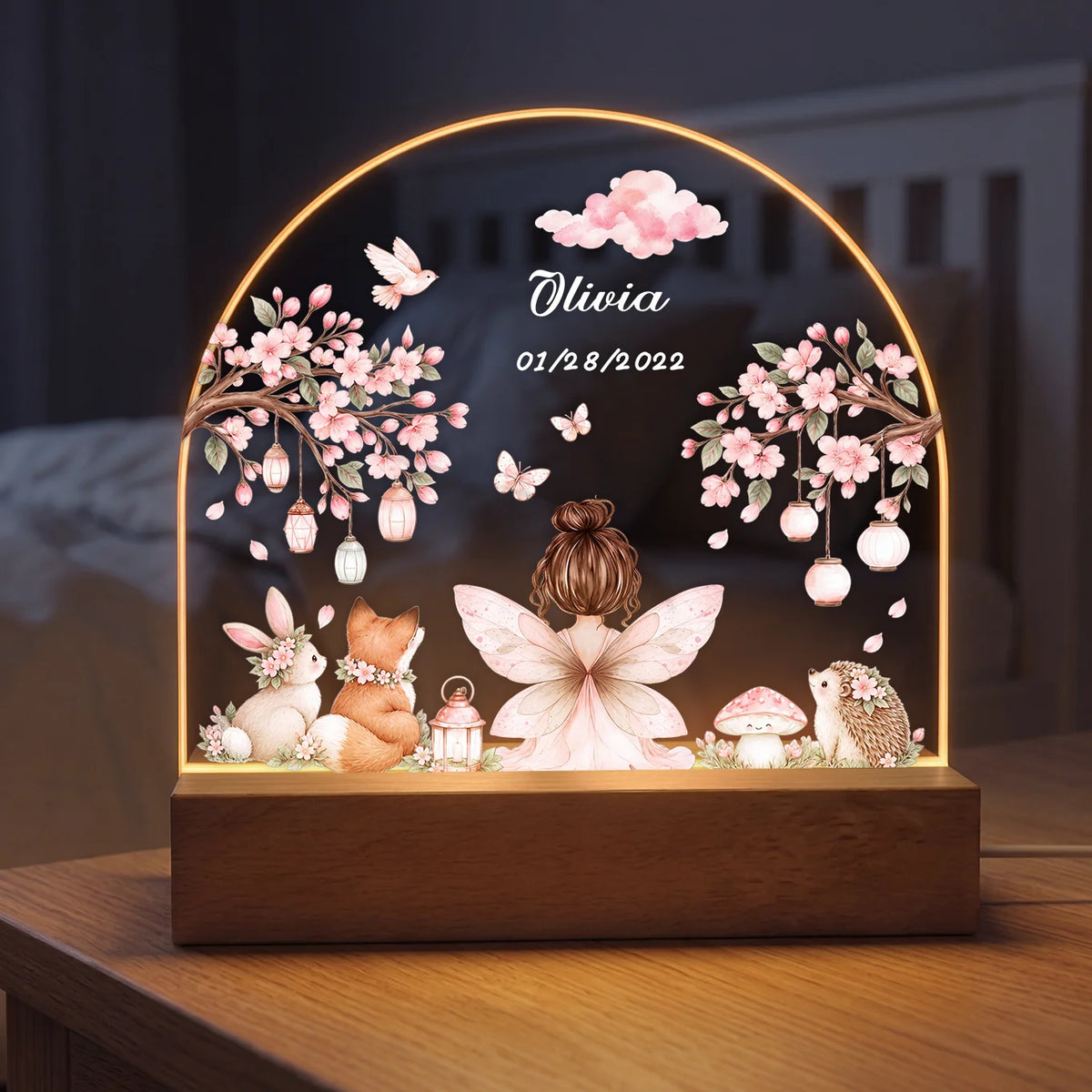 Personalized Night Light "Fairy" as a gift for kids: glowing acrylic arch with a little fairy under cherry blossoms, bunny, fox, hedgehog, name and date, Bo & Birdie