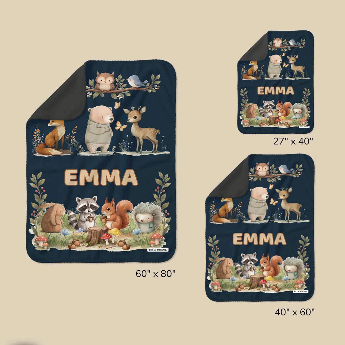 Woodland Animals blanket sizes: 27" x 40", 40" x 60" and 60" x 80"
