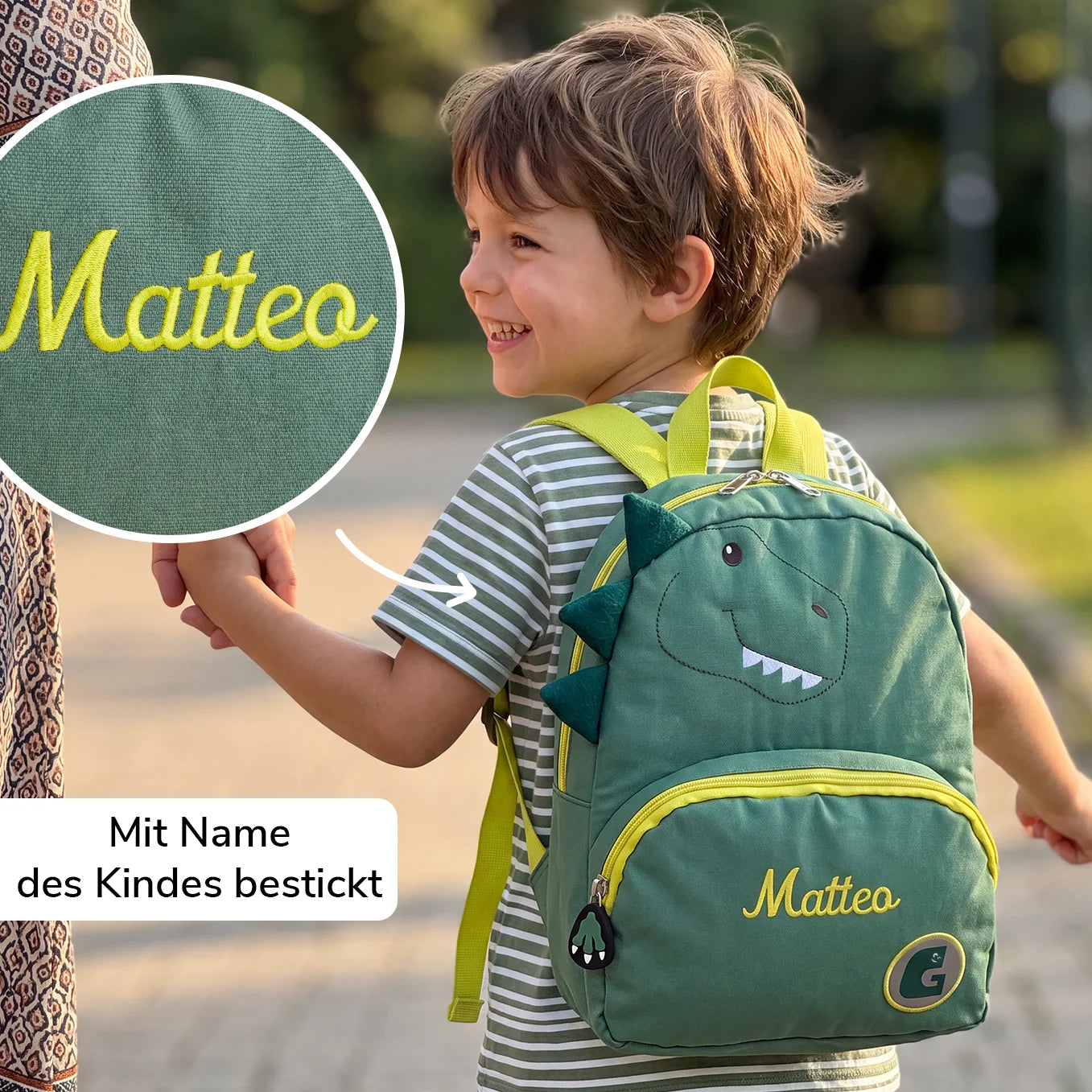 Personalisierter Kinderrucksack "Dino" mit Stick