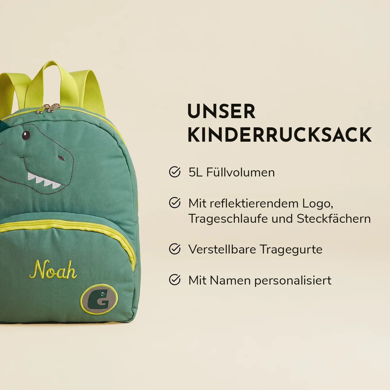Personalisierter Kinderrucksack "Dino" mit Stick
