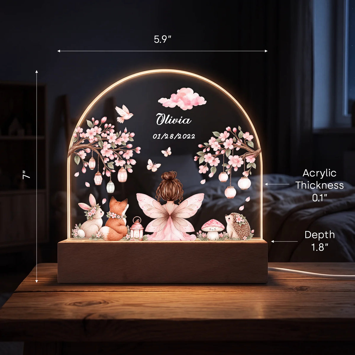 Fairy night light dimensions: 7" high, 5.9" wide, 1.8" base depth, 0.1" acrylic