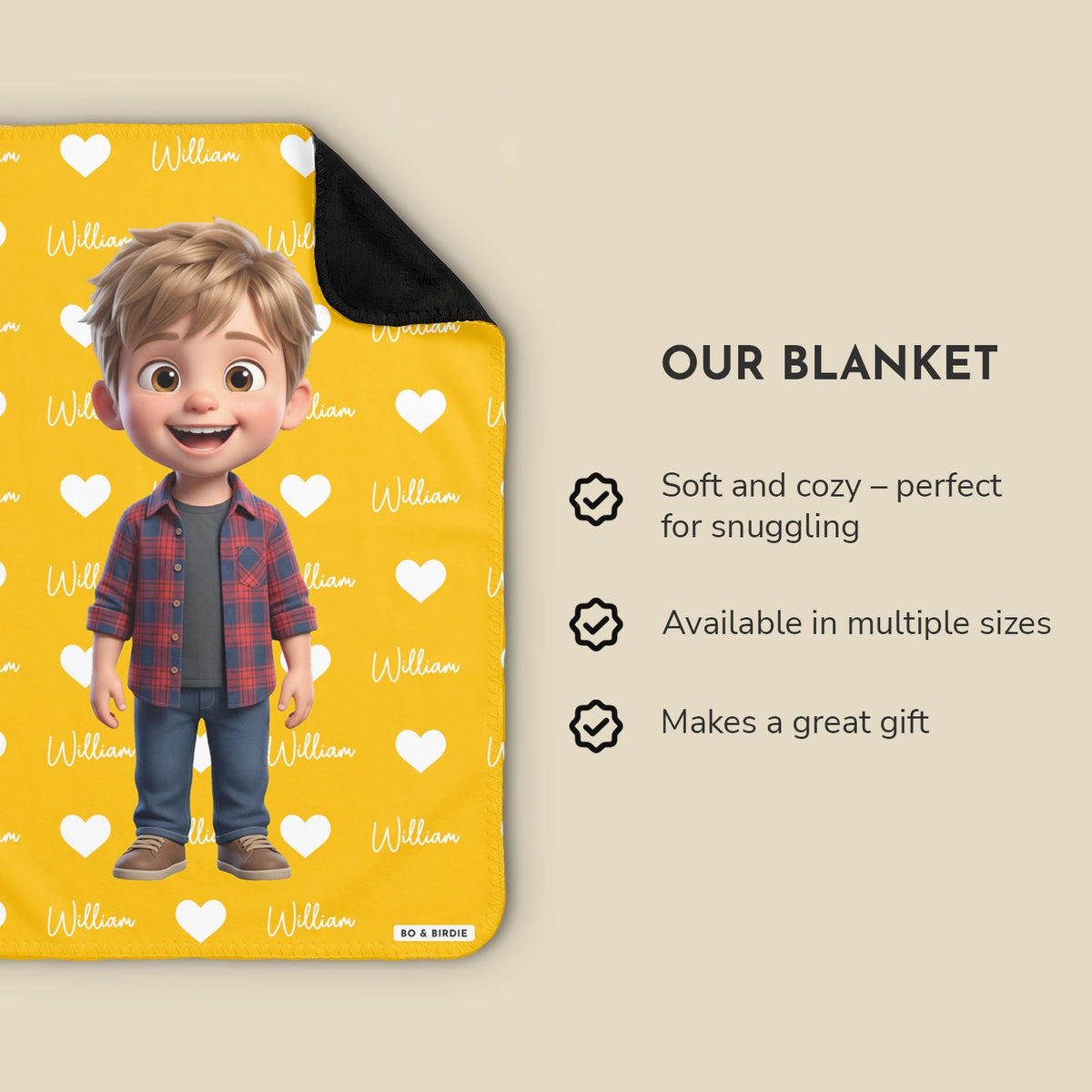 Infographic Cartoon Character blanket in yellow with the name William: soft and cozy, multiple sizes, makes a great gift