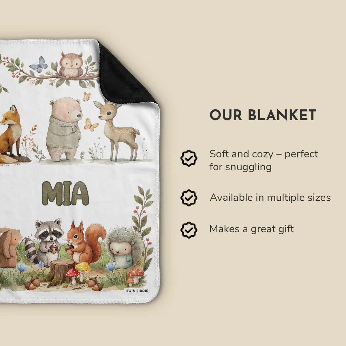Infographic Woodland Animals blanket in white with the name Mia: soft and cozy, multiple sizes, makes a great gift