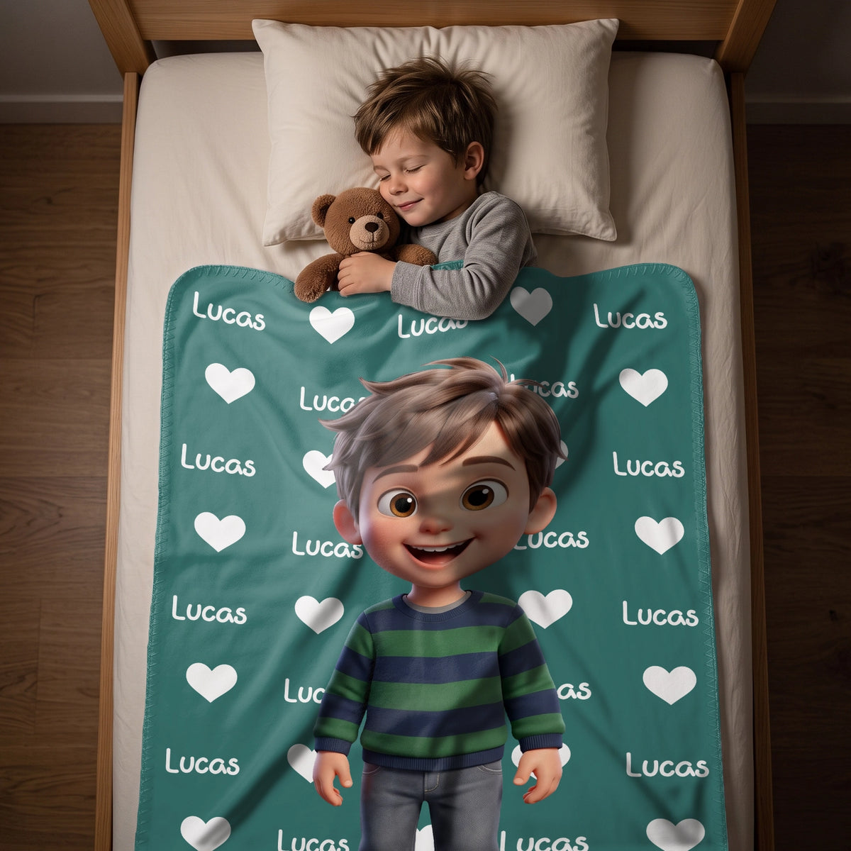 Boy sleeping under the teal Cartoon Character blanket with the name Lucas