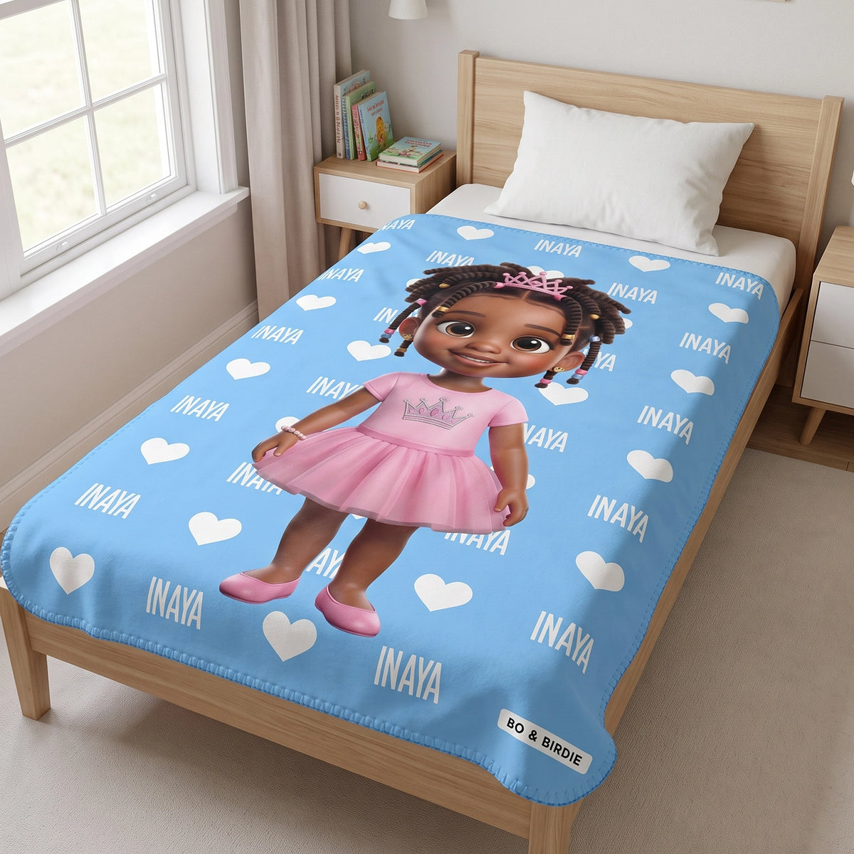 Light blue Cartoon Character blanket with the name Inaya spread on a kids bed
