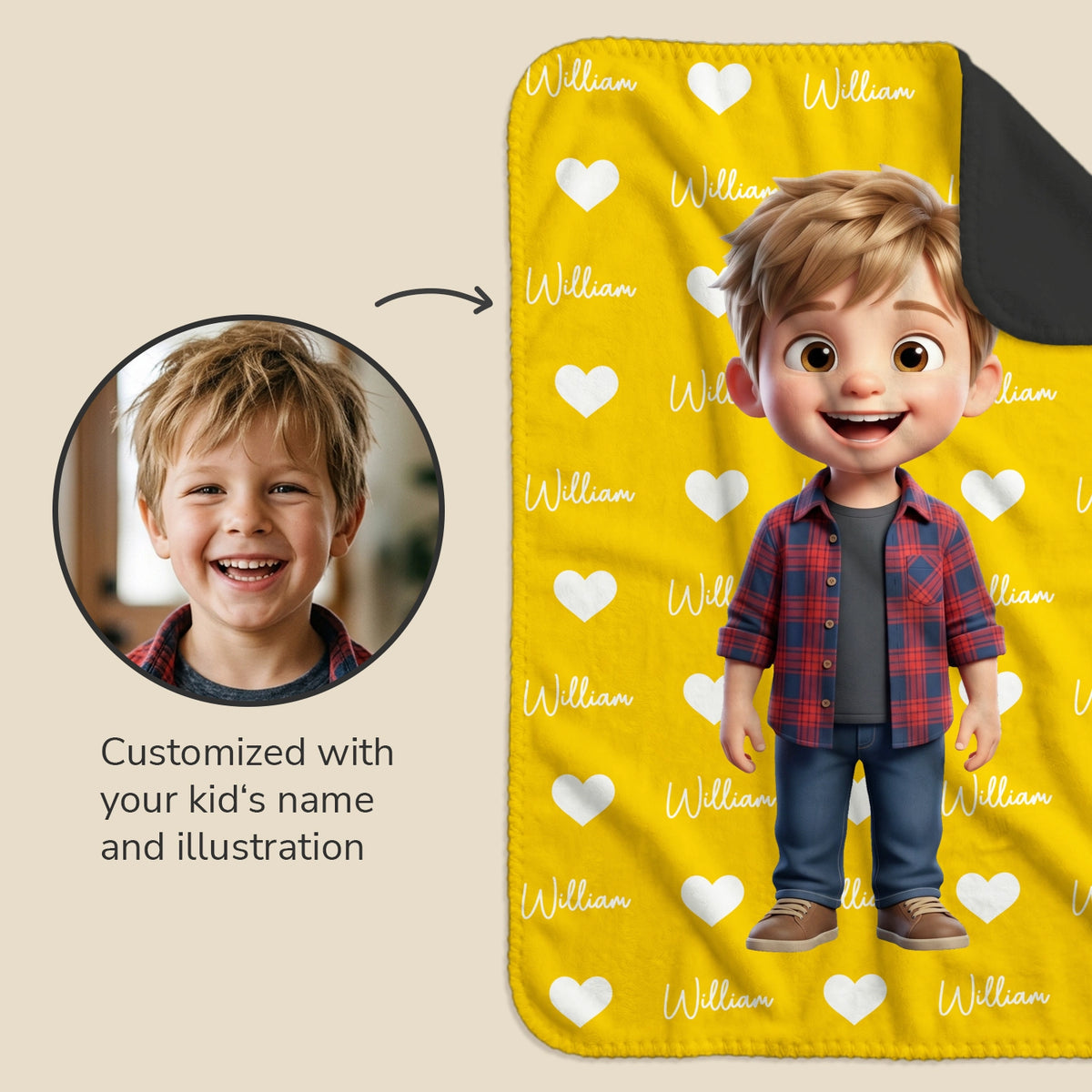 Cartoon Character blanket customized with a kid's name and a cartoon illustration made from a photo