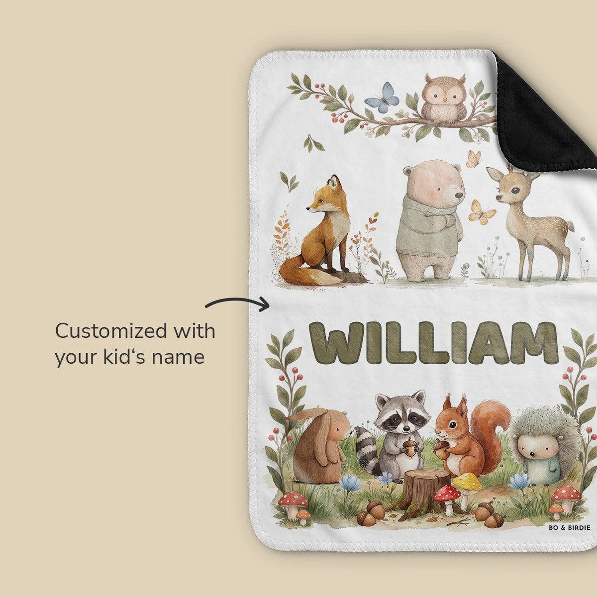Woodland Animals blanket customized with a kid's name, shown in white with the name William