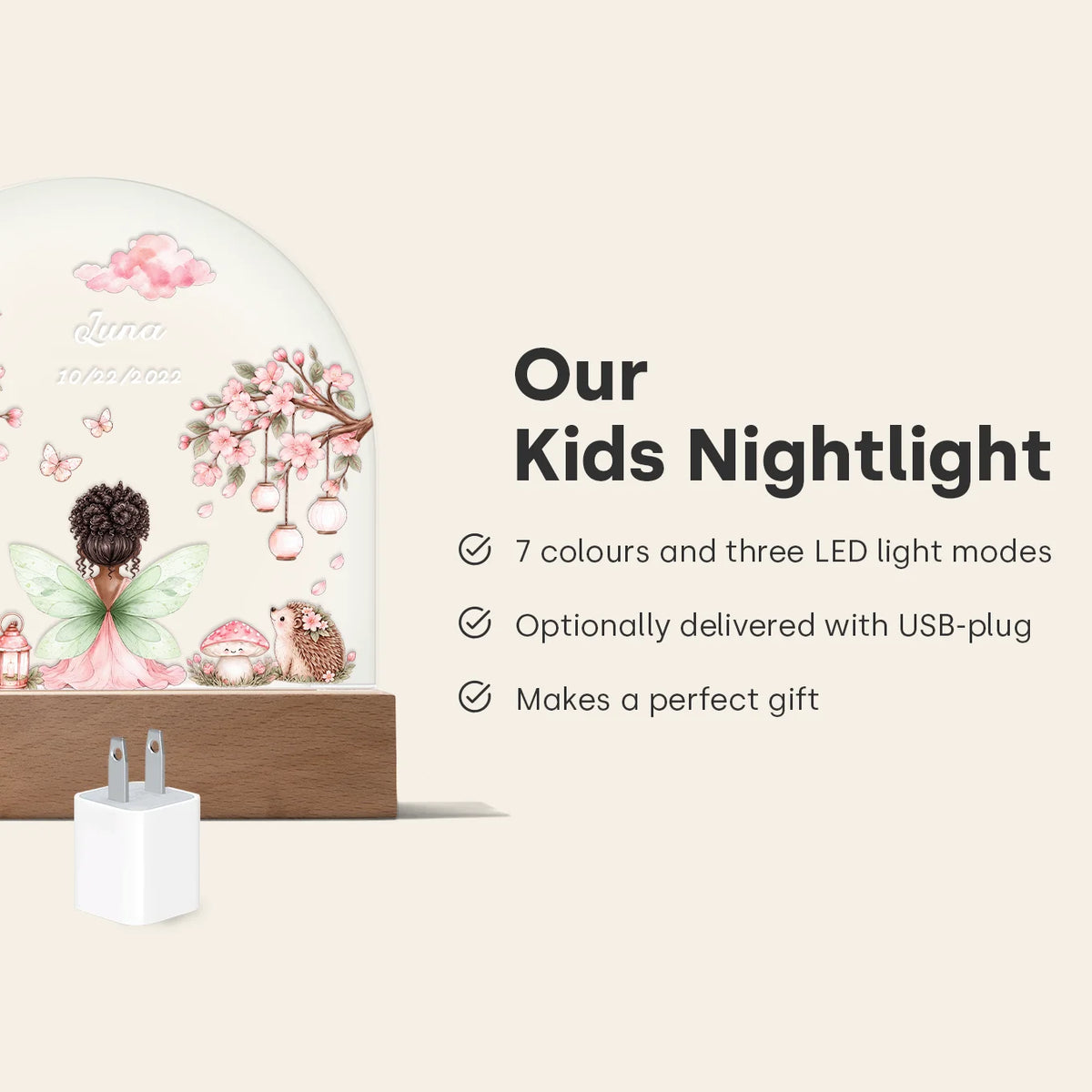 Kids nightlight infographic: 7 LED colors, three light modes, optional USB plug